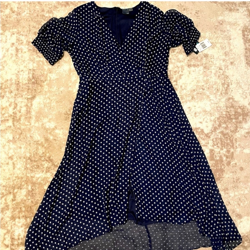 Dark blue mock wrap tea length dress